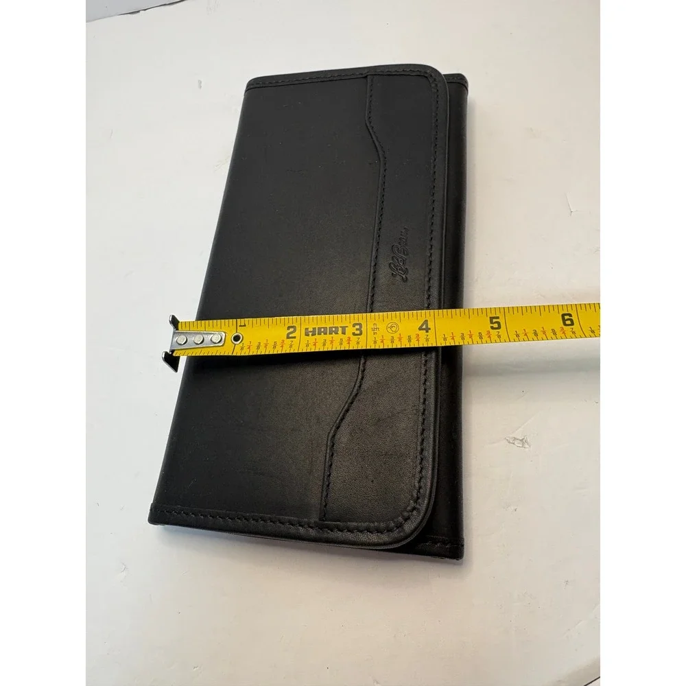 Vintage LL Bean Black Leather Trifold Checkbook Wallet Plaid Lining Mens Womens‎